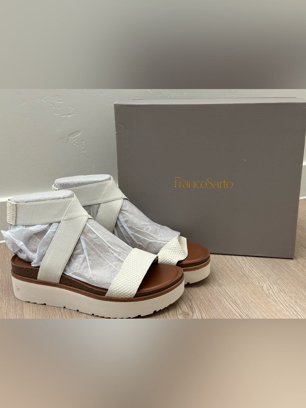Franco Sarto Cream and Brown Platform Sandals